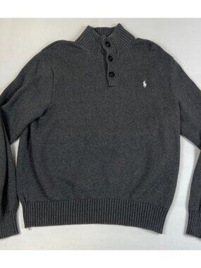 Polo Ralph Lauren Men L Gray Cotton Knit Mock Neck Button Pullover Sweater Pony